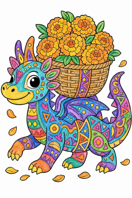 Alebrije-Drache trägt einen bunten Blumenkorb – So könnte es aussehen