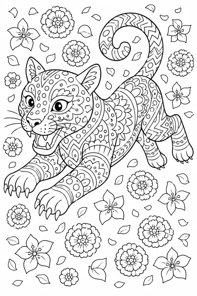 Alebrije-Jaguar springt durch einen Blumenregen