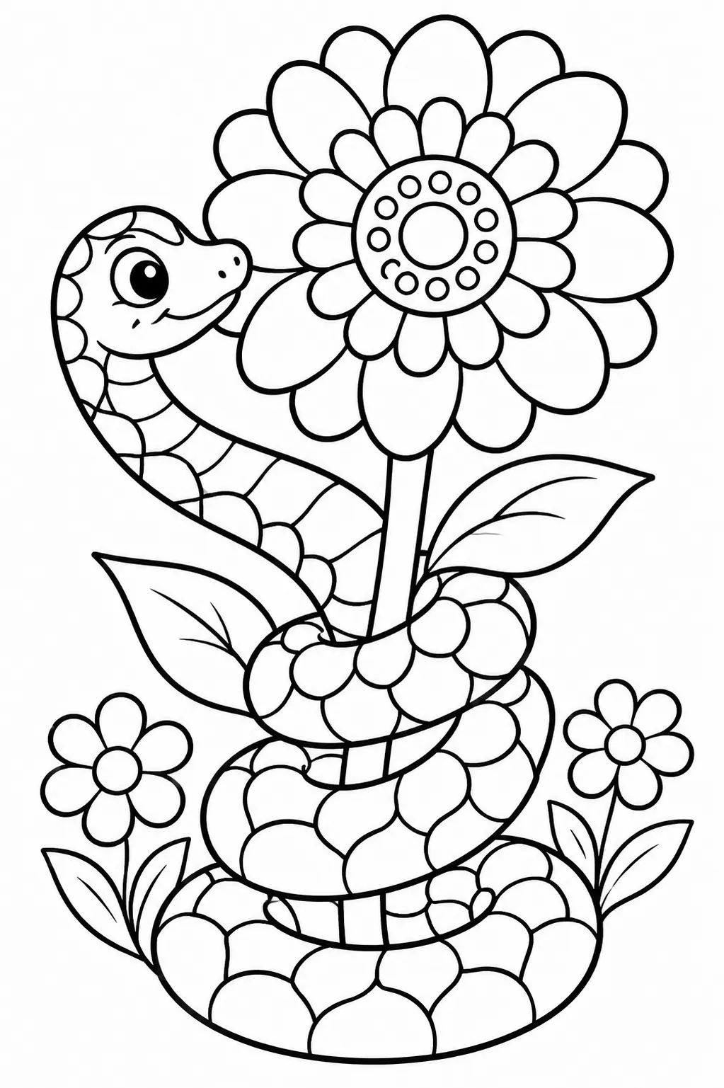 Ausmalbild: Bunte Alebrije-Schlange windet sich um Ringelblume
