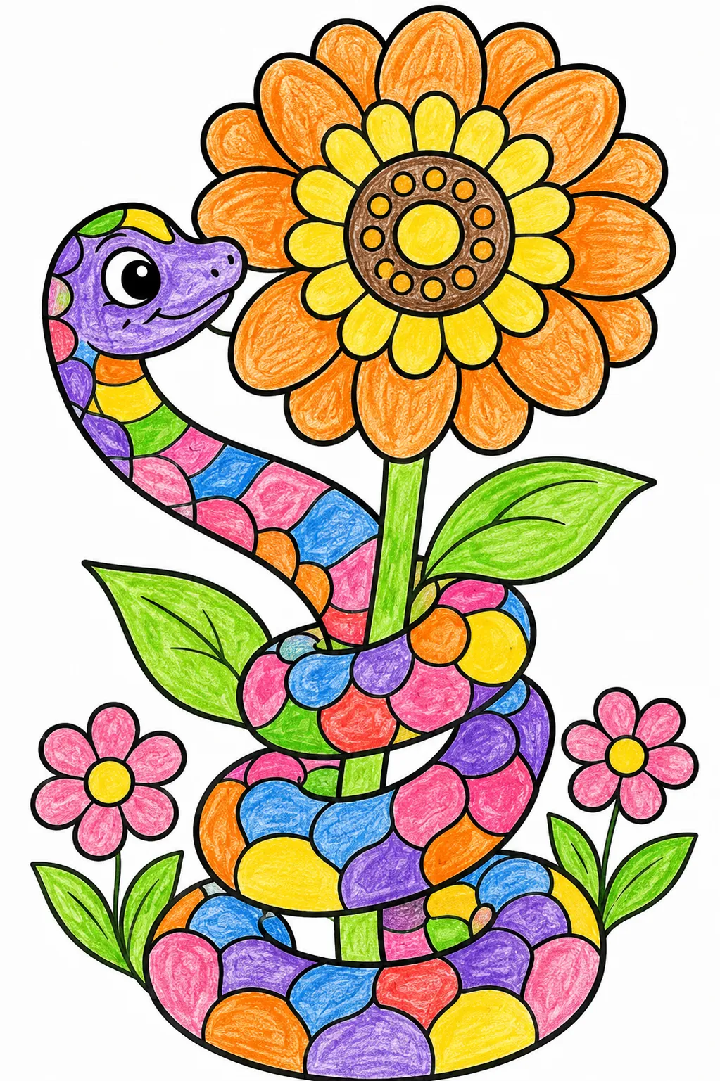 Kleine Alebrije-Schlange windet sich um eine Blume