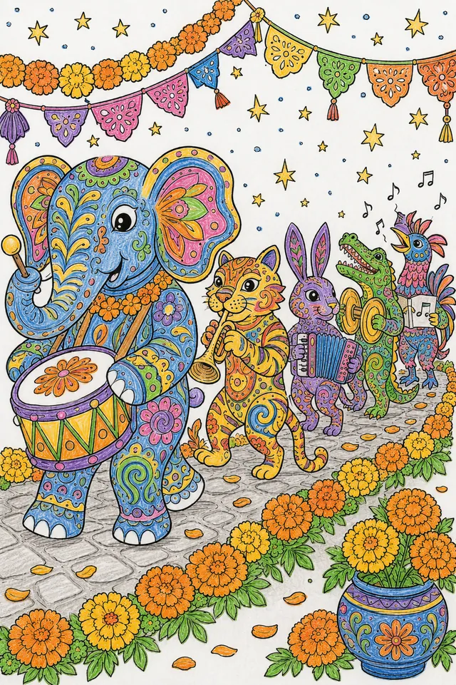 Ausmalbild: Bunte Alebrije-Tiere marschieren mit Instrumenten im Festzug