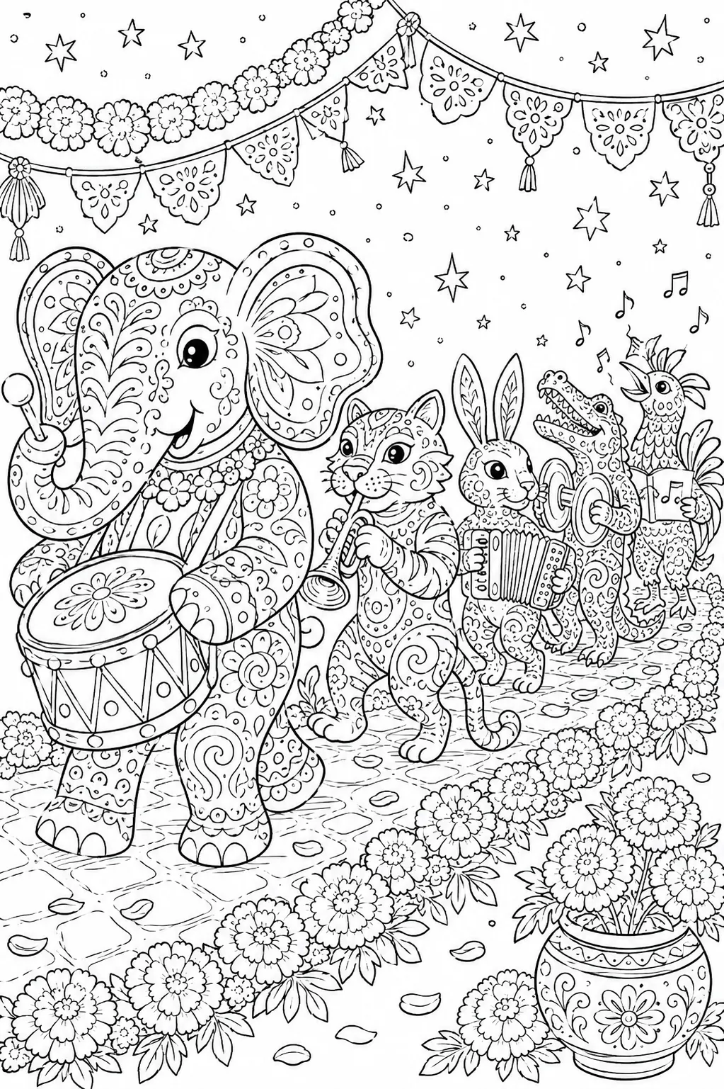 Coloring page: colourful Alebrije animals marching with instruments in procession