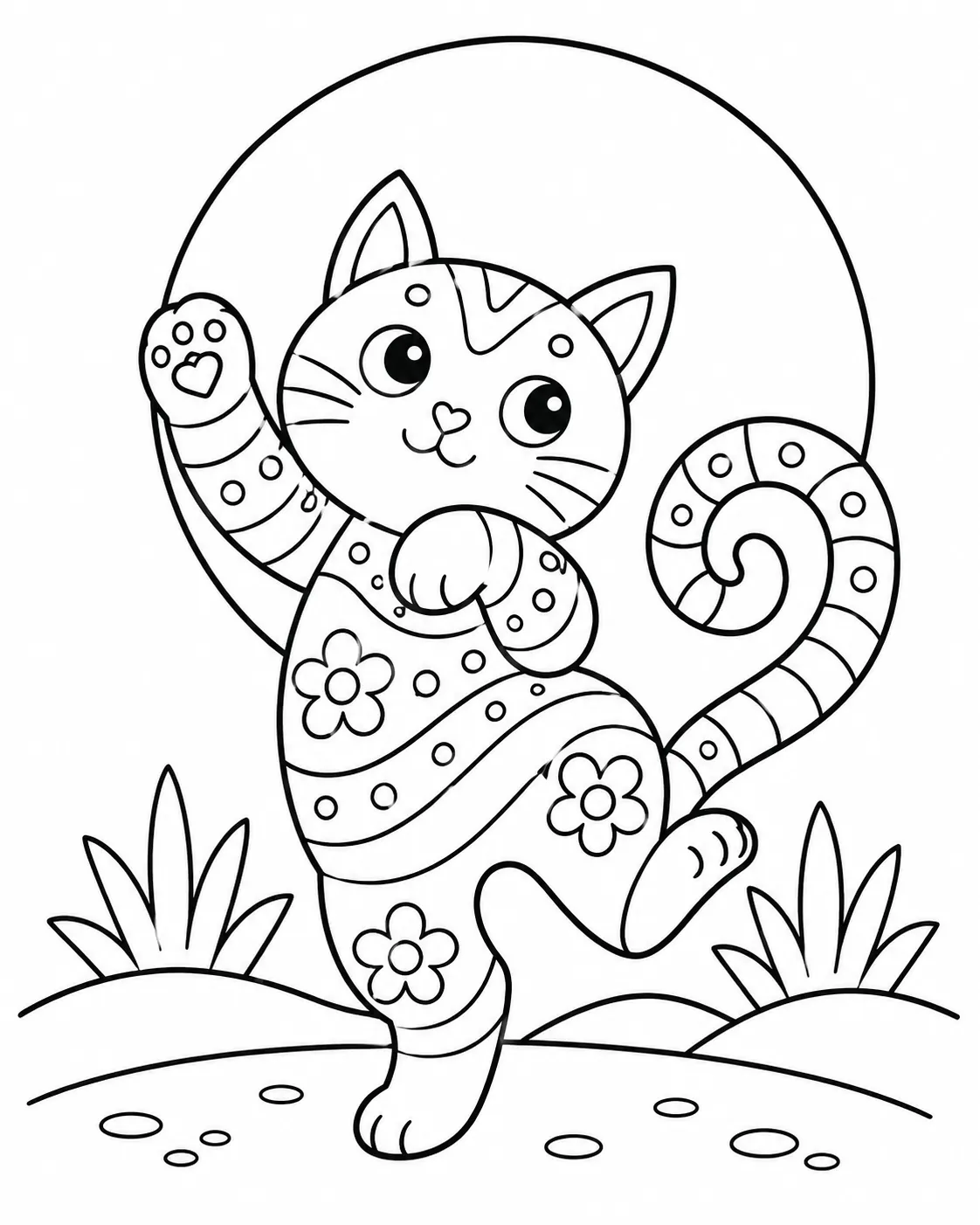 Ausmalbild: Bunte Alebrije-Katze tanzt im Mondlicht auf Hinterbeinen