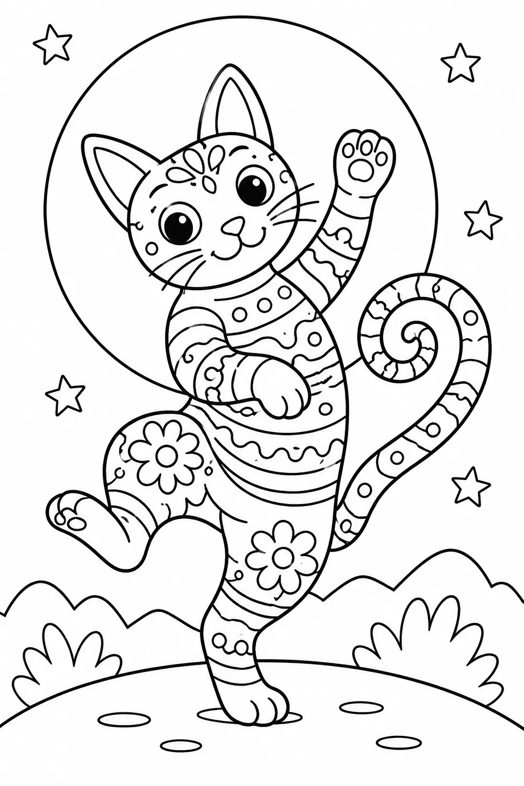 涂色页：彩色阿莱布里赫猫在月光下用后腿跳舞