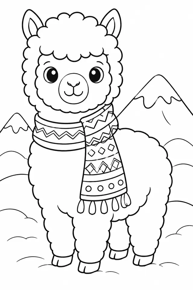 Alpaka mit gewebtem Schal im Schneegebirge