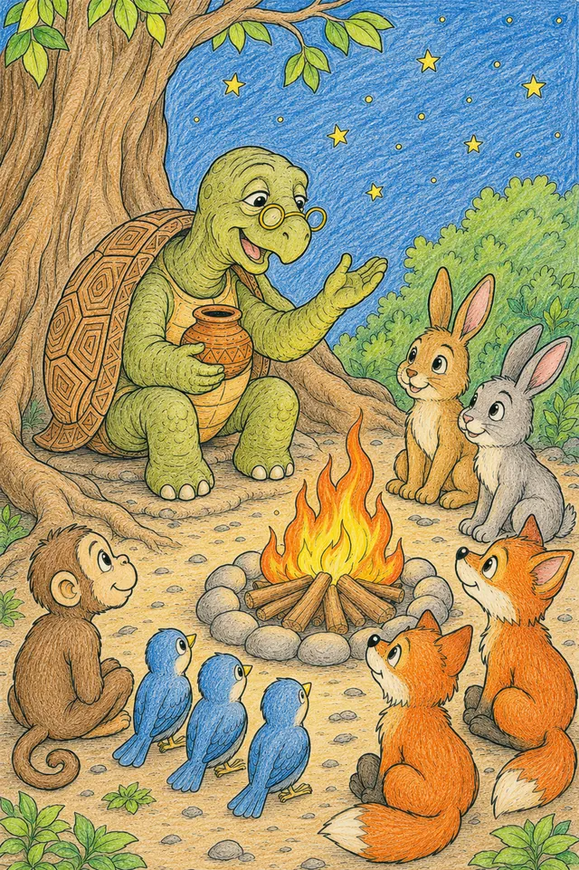 Ausmalbild: Weise alte Schildkröte erzählt beim Lagerfeuer einer Gruppe aufmerksamer Tier-Kinder Geschichten