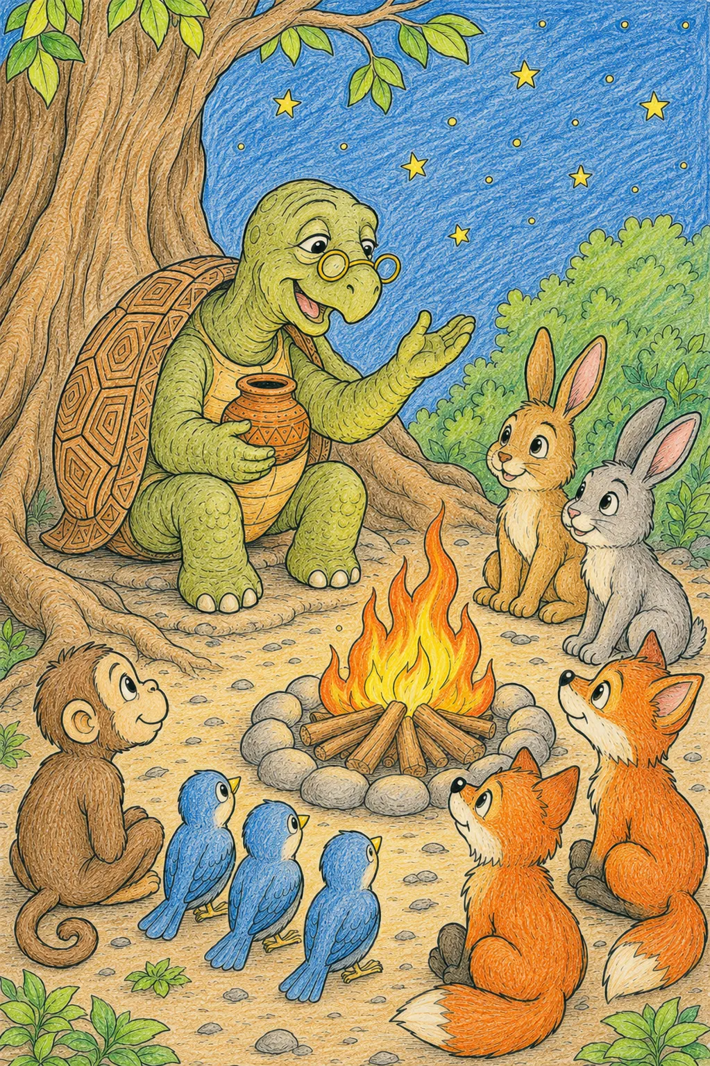 Alte Schildkröte erzählt Kindern Geschichten beim Lagerfeuer