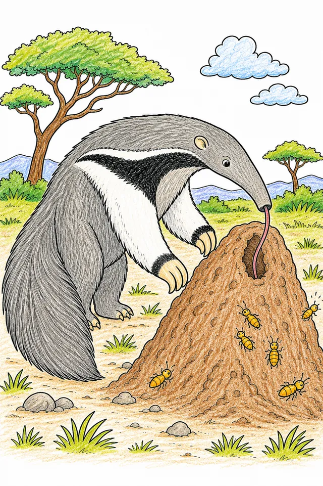 Ausmalbild: Riesenameisenbär mit langer Zunge und Streifen-Muster am Termitenhügel