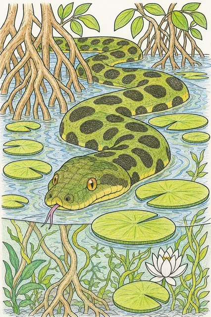 Ausmalbild: Riesenanakonda mit Fleckenmuster schleicht halb untergetaucht durch Teich