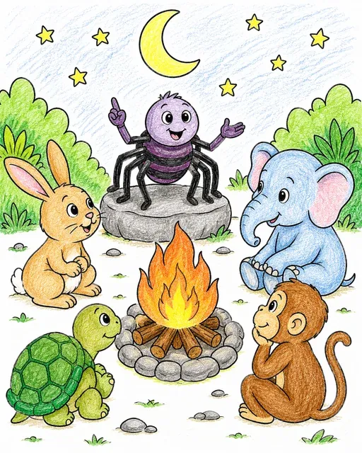 Ausmalbild: Anansi erzählt Tieren am Lagerfeuer unter Mondlicht Geschichten