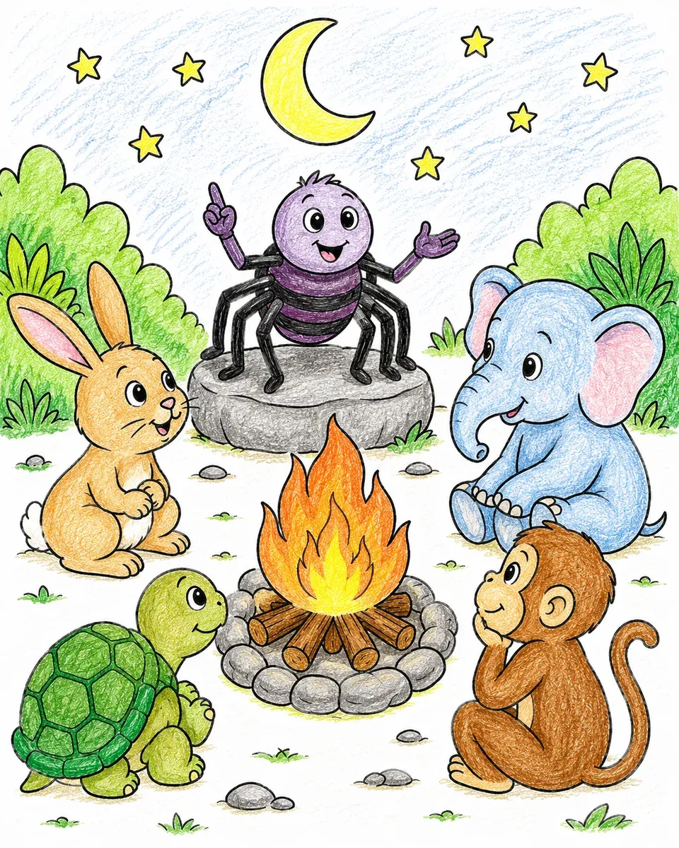 Anansi erzählt Tieren eine Geschichte am Feuer
