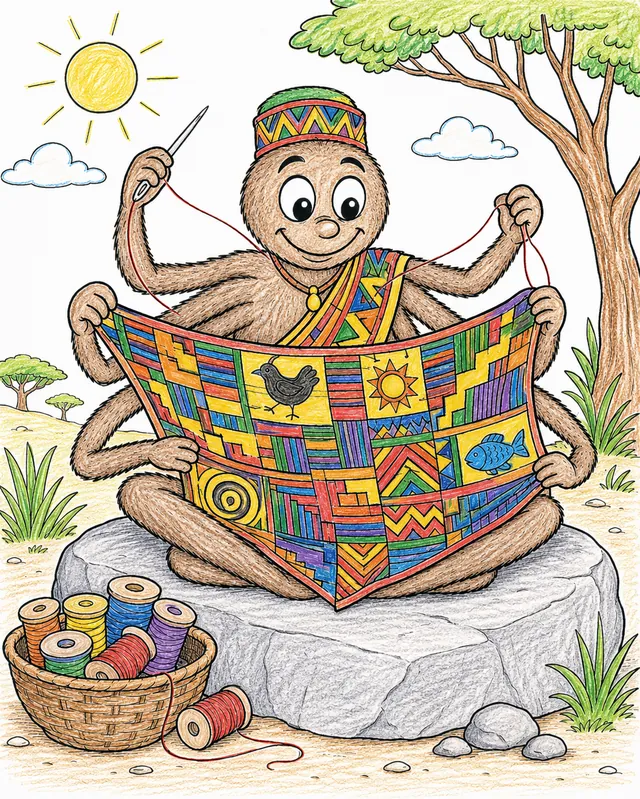 Ausmalbild: Anansi-Spinne näht Bilder und Symbole in buntes Tuch