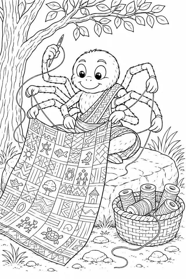 Anansi näht Geschichten in ein großes Tuch