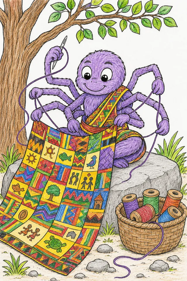 Anansi näht Geschichten in ein großes Tuch – So könnte es aussehen