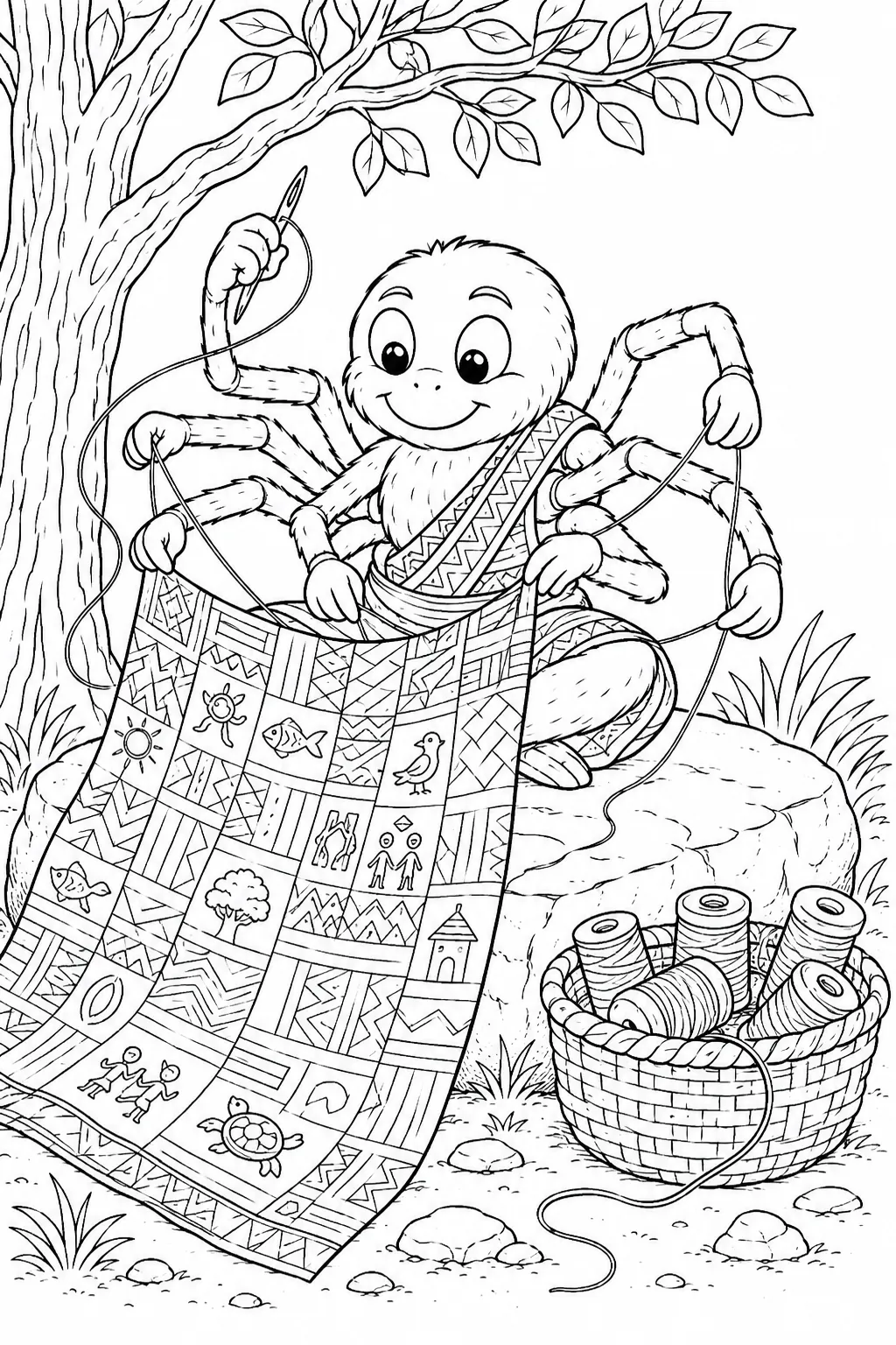 Ausmalbild: Anansi-Spinne näht Bilder und Symbole in buntes Tuch