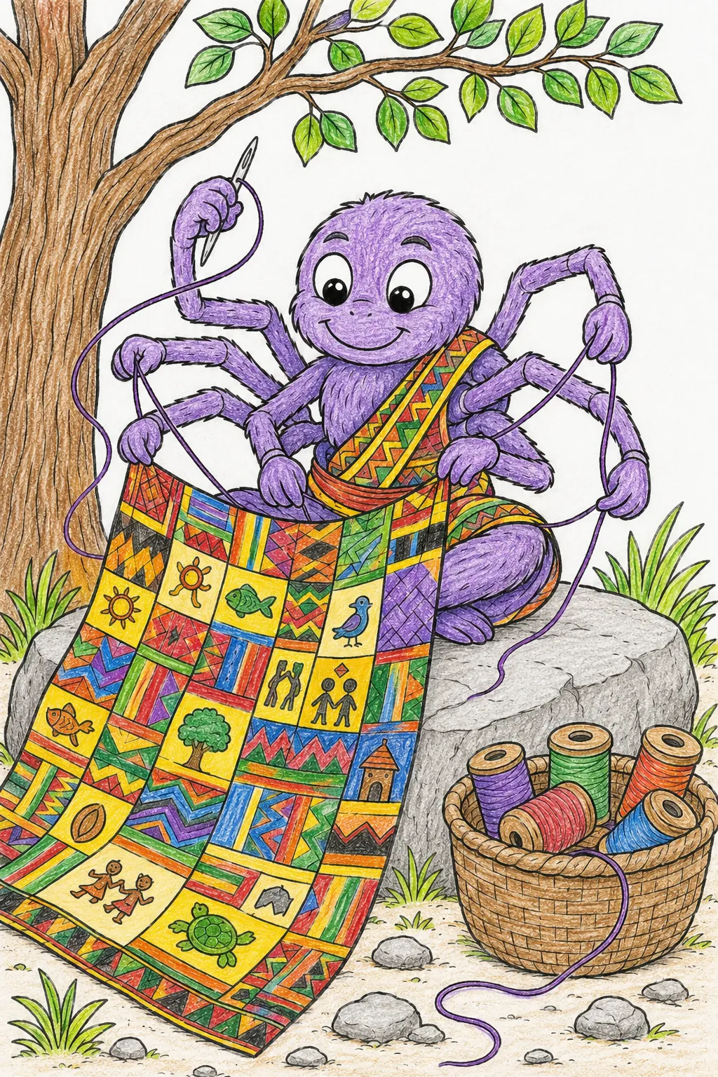 Anansi näht Geschichten in ein großes Tuch