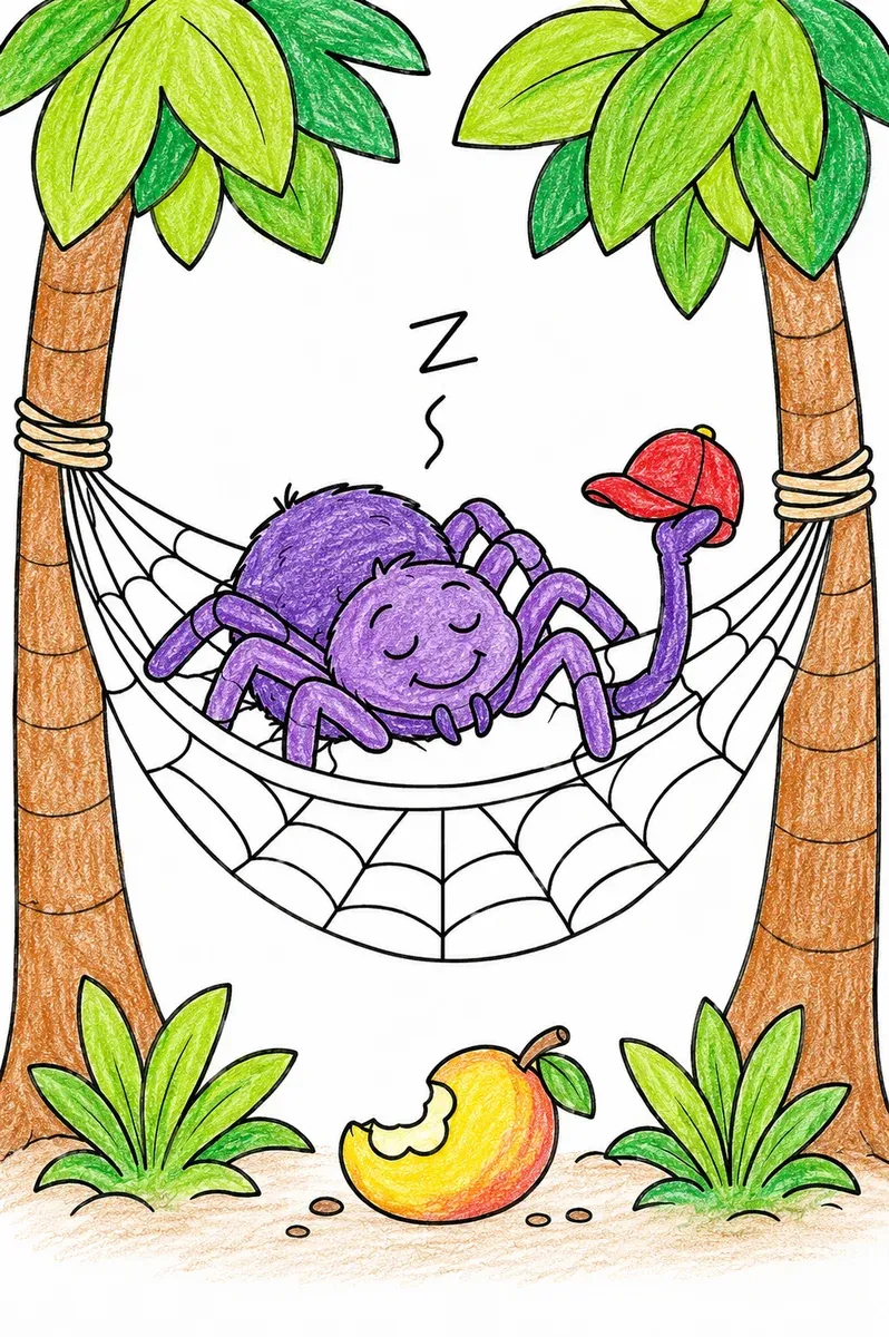 Anansi schläft in seiner Hängematte aus Spinnweben