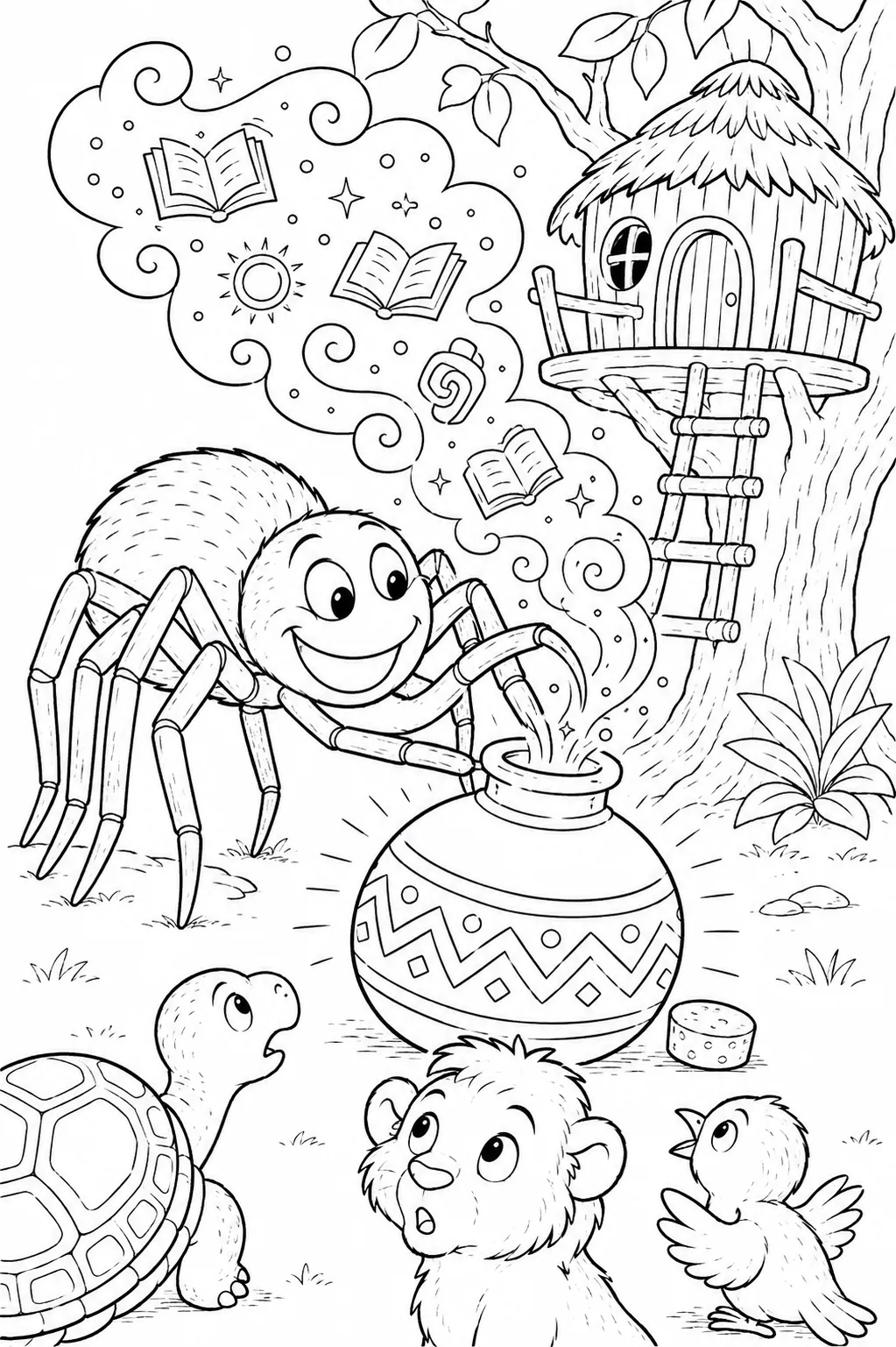 Ausmalbild: Anansi-Spinne steckt leuchtendes goldenes Licht (Weisheit) in eine große runde Kalebasse
