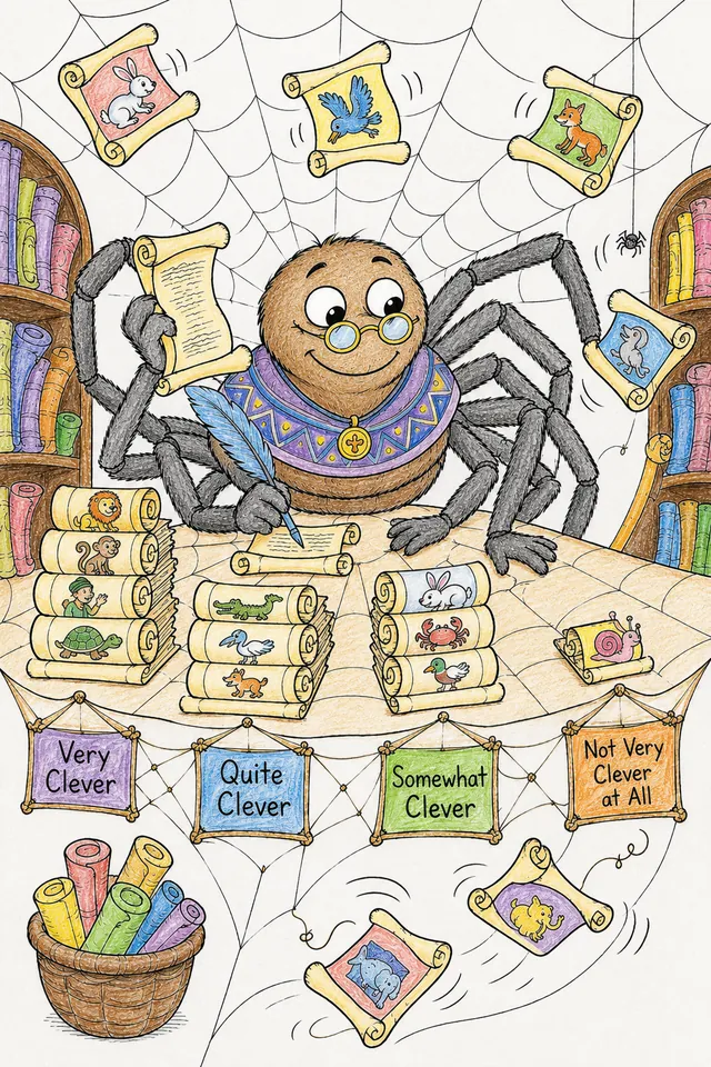 Ausmalbild: Anansi sitzt an Spinnennetz-Schreibtisch und sortiert Tausende kleiner Fabelrollen systematisch nach Klugheitsgrad