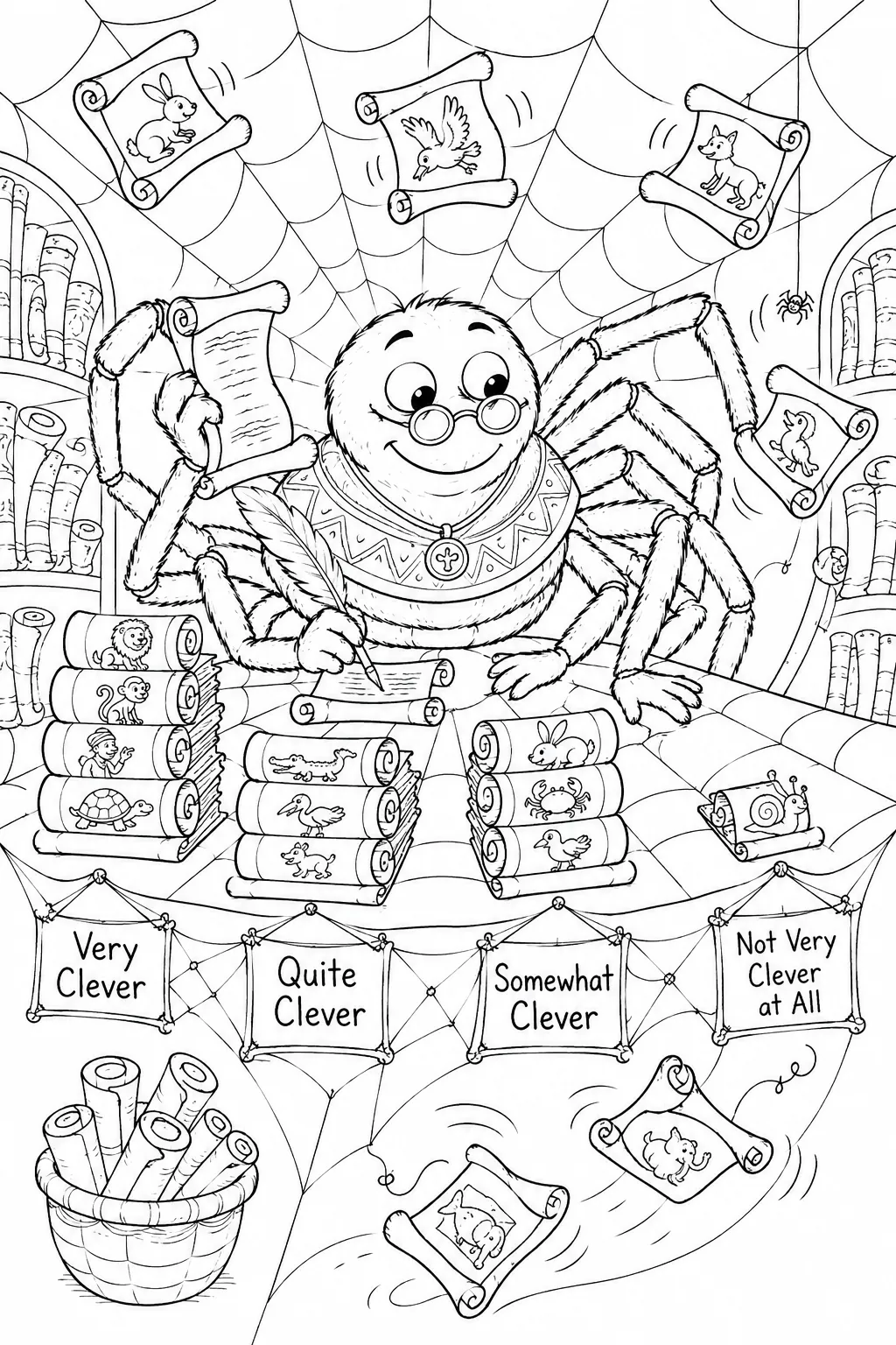 Ausmalbild: Anansi sitzt an Spinnennetz-Schreibtisch und sortiert Tausende kleiner Fabelrollen systematisch nach Klugheitsgrad