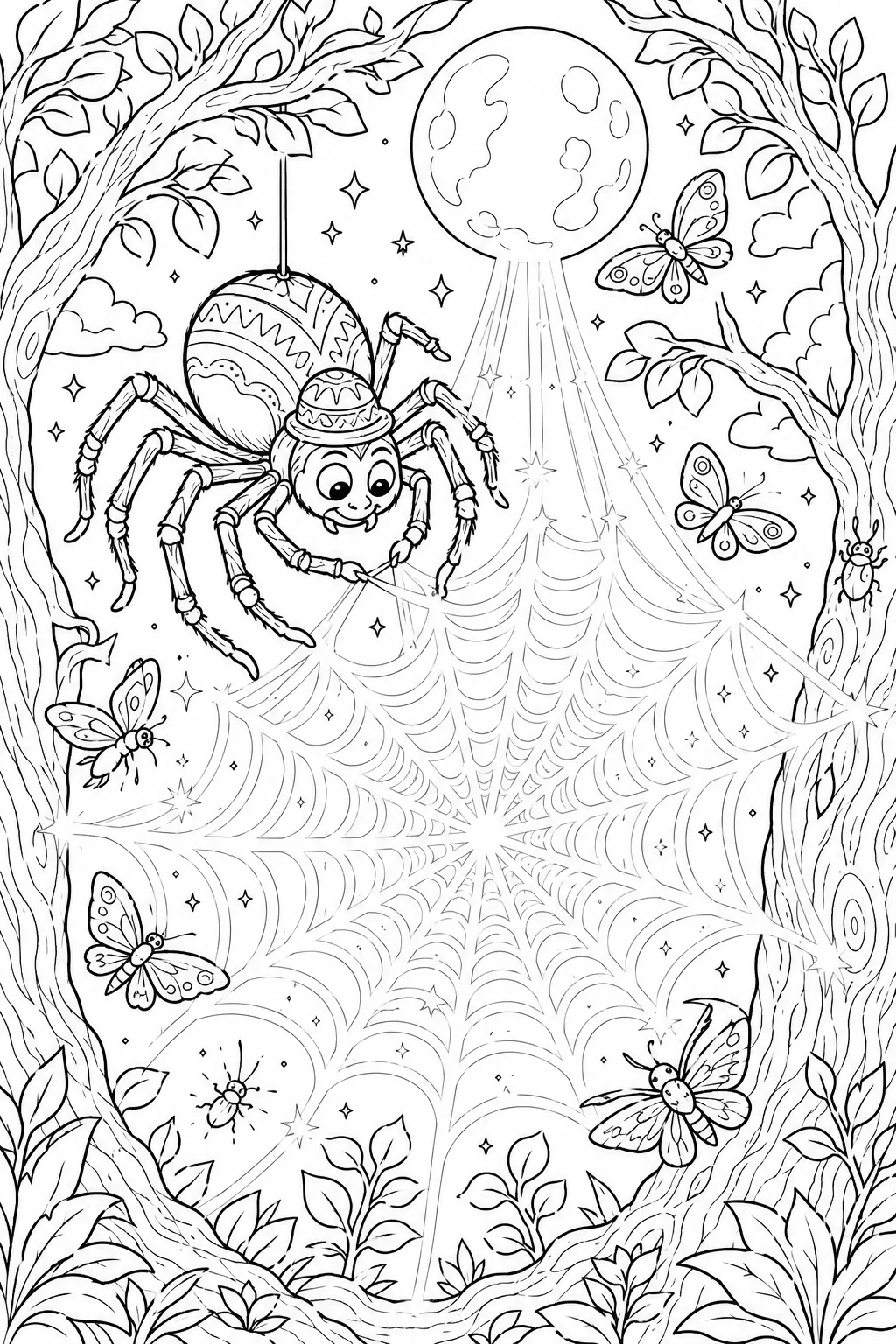 Ausmalbild: Anansi-Spinne webt bei Vollmond ein leuchtendes silber-weißes Netz aus gefangenen Mondstrahlen