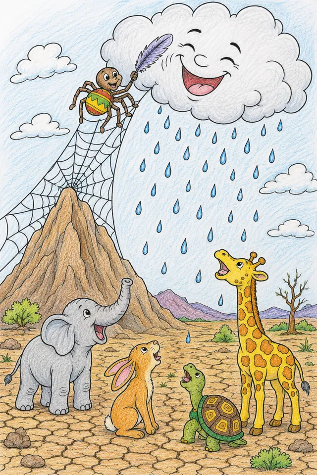 涂色页：阿南西坐在笑着的云上用羽毛挠它，而下面干裂的土地接受第一场雨