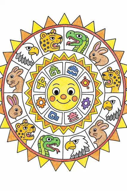 Ausmalbild: Vereinfachter aztekischer Sonnenkalender mit freundlichem Sonnengesicht