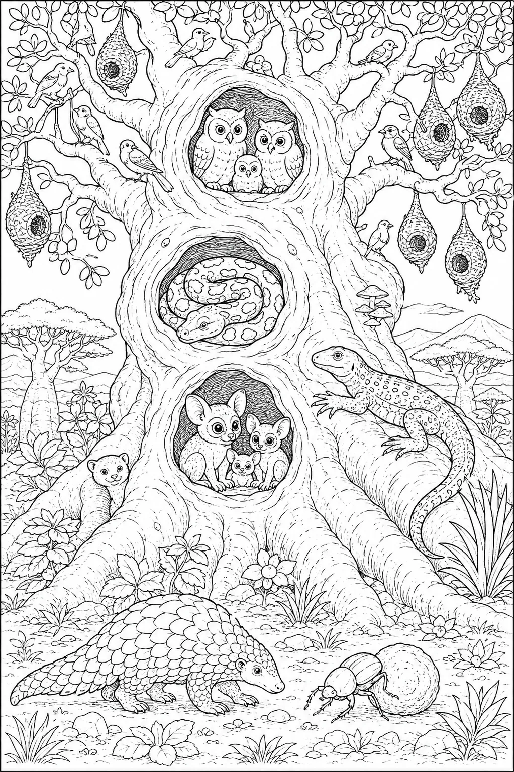 Ausmalbild: Großer Baobab-Baum mit vielen Tier-Bewohnern in Höhlen und Ästen