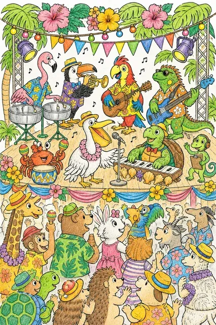 Ausmalbild: Karibische Calypso-Tier-Band mit Flamingo, Tukan und anderen Musikern auf Bühne