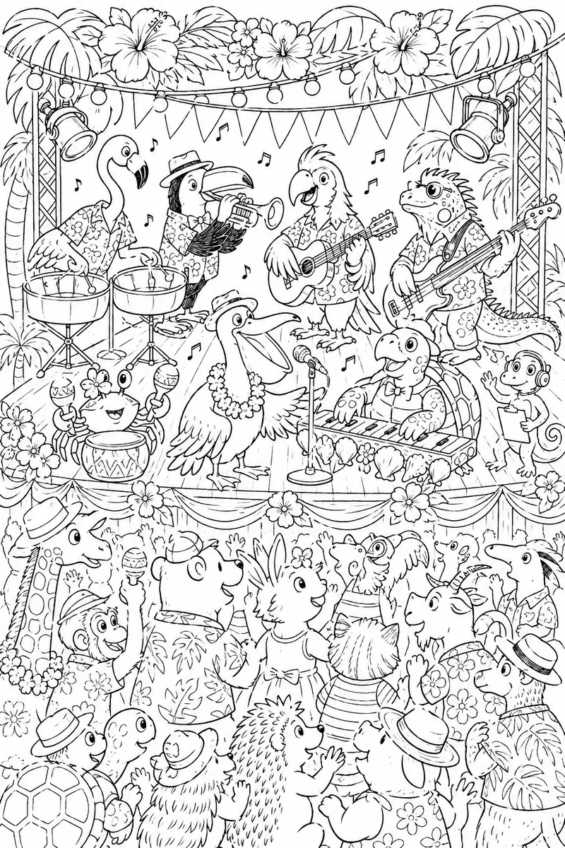 Ausmalbild: Karibische Calypso-Tier-Band mit Flamingo, Tukan und anderen Musikern auf Bühne