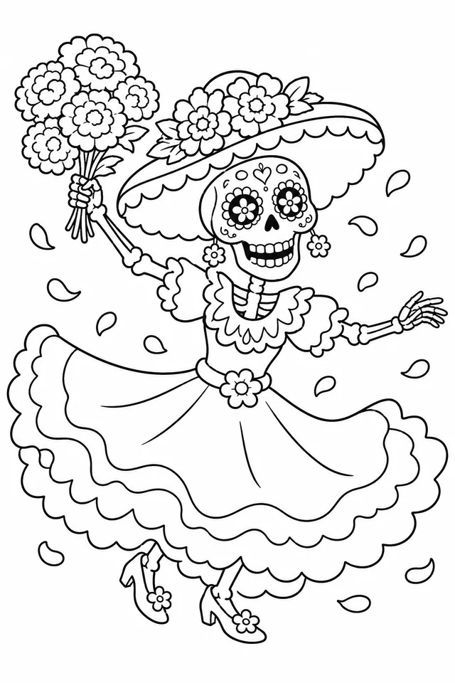 Catrina-Figur tanzt fröhlich mit Marigold-Blumen