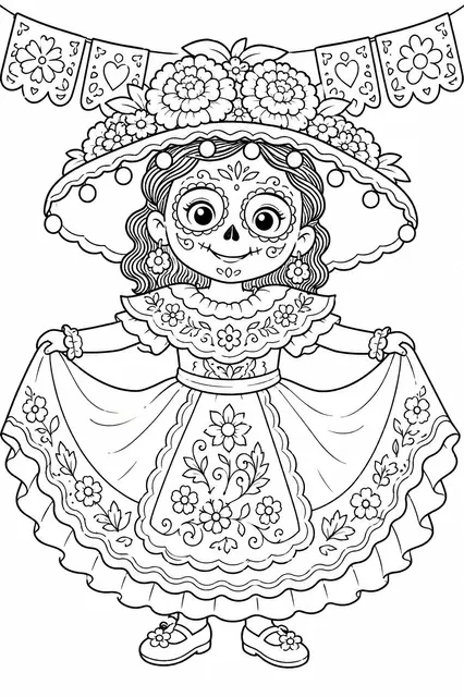 Catrina-Kind im bunten festlichen Kostüm