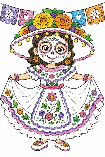 Ausmalbild: Kind in Catrina-Kostüm mit Blumenhut und bemaltem Gesicht