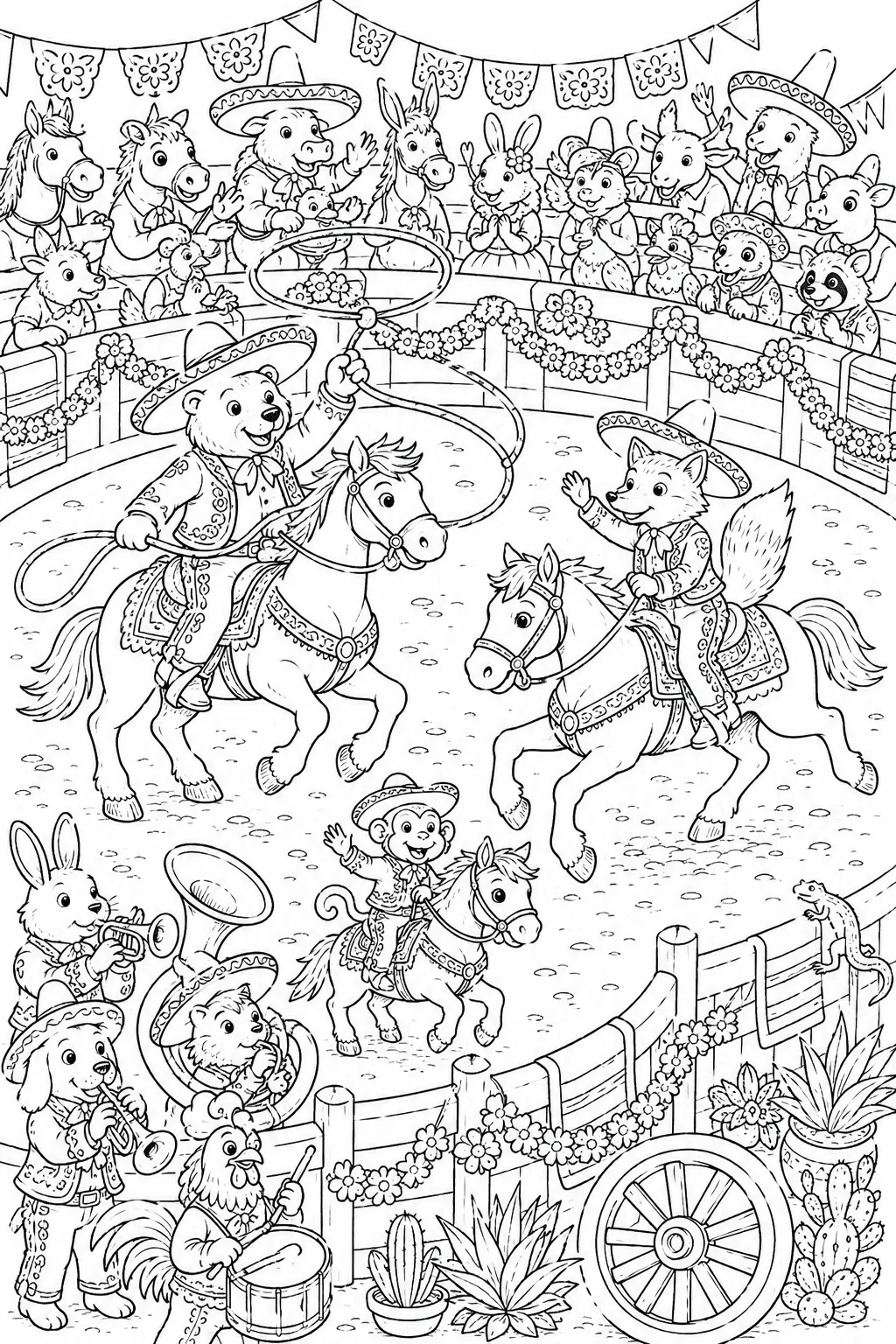 Ausmalbild: Mexikanische Charro-Rodeo-Arena mit Tier-Reitern und Zuschauern