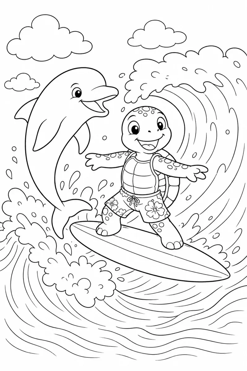 Coloring page: dolphin leaping beside small surfer on surf wave