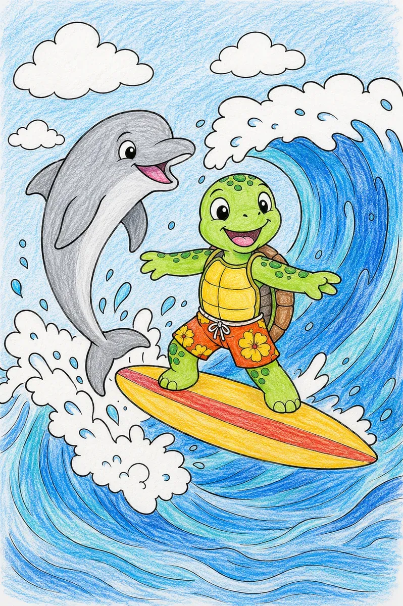 Dolphin Child Playing with a Little Surfer Child