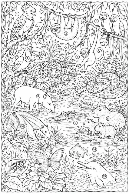 Dschungel-Wimmelbild mit 15 verschiedenen Tierarten
