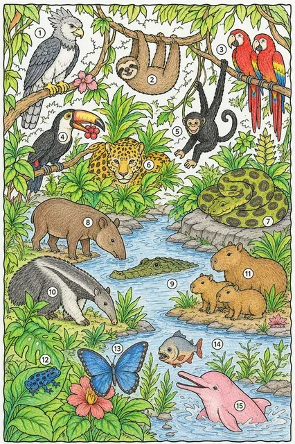 Ausmalbild: Dichter Amazonas-Dschungel mit 15 verschiedenen Tierarten zum Suchen