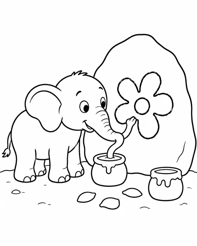 Elefant-Kind malt mit dem Rüssel bunte Blumen