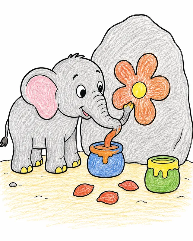 Ausmalbild: Elefant-Baby malt mit Rüssel eine Blume auf einen Felsen