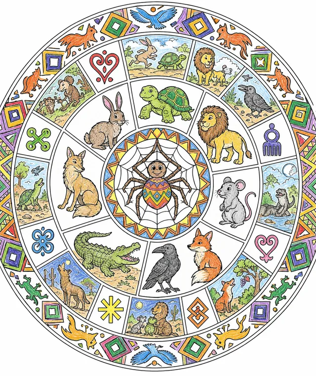 Afrikanisches Fabel-Mandala mit Trickster-Tieren – So könnte es aussehen