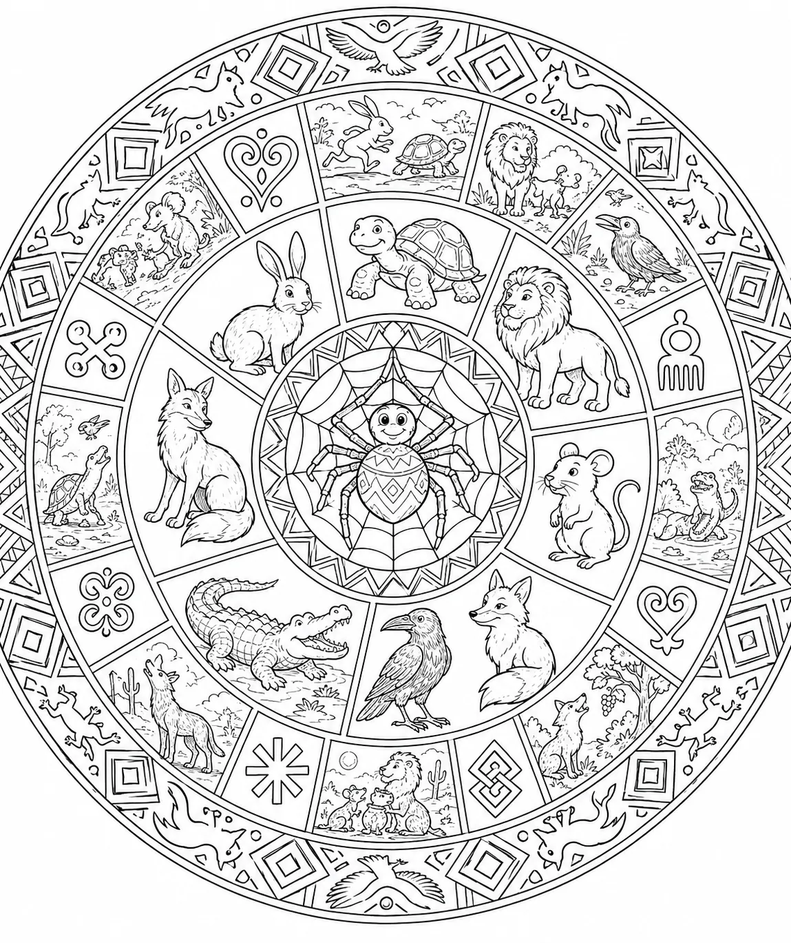 Ausmalbild: Detailliertes kreisförmiges Fabel-Mandala mit Anansi im Zentrum und Fabeltieren und Adinkra-Symbolen in Ringen