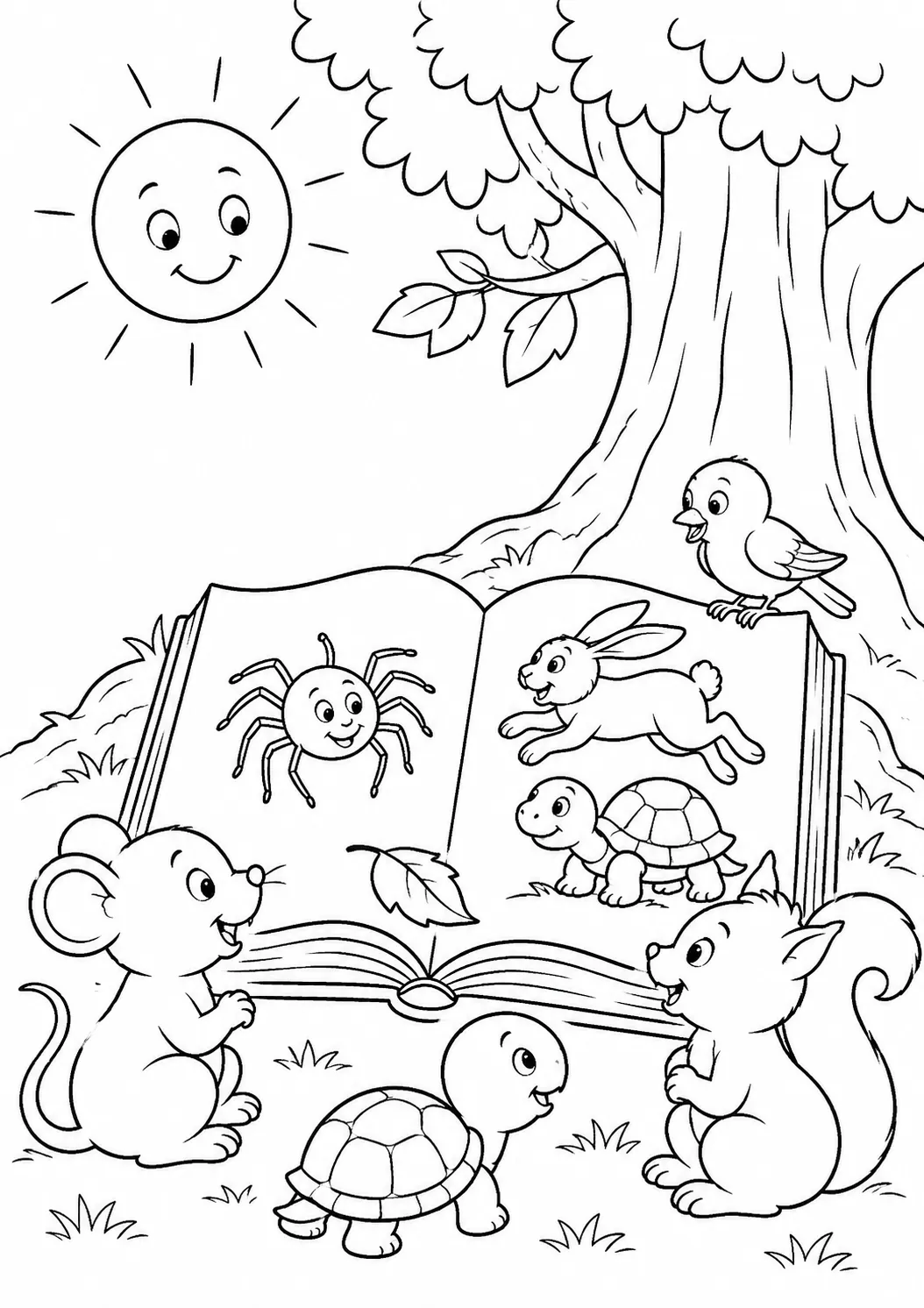 Coloring page: open fable book at tree with small animal children looking at pictures together in afternoon light