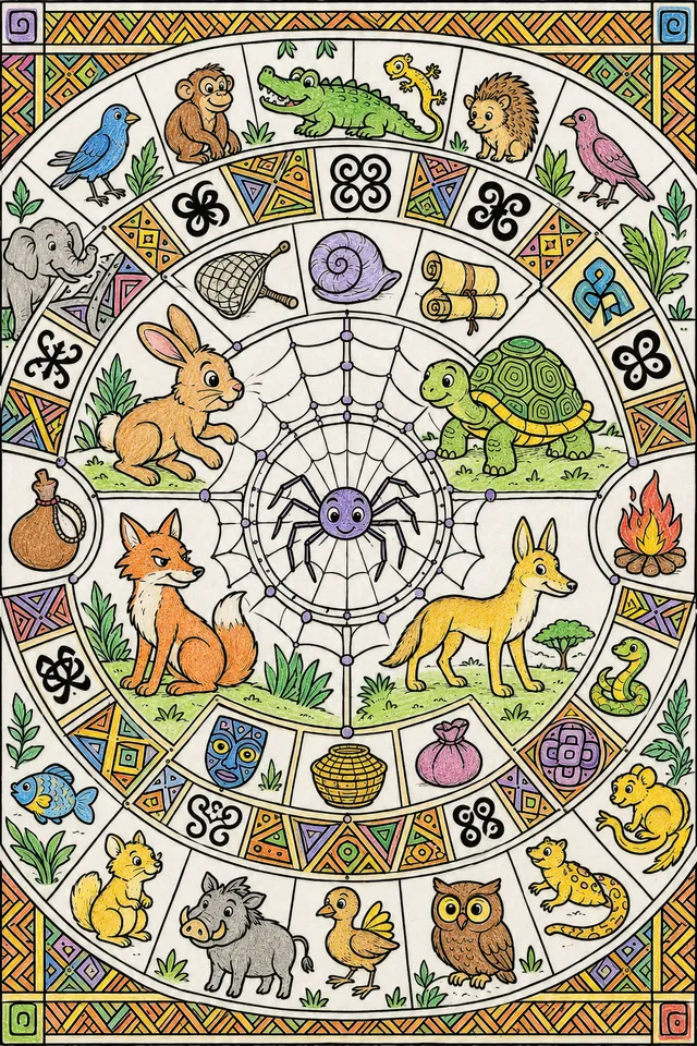 Ausmalbild: Komplexes Fabel-Mandala mit Anansi im Zentrum Trickster-Tieren in Ringen und afrikanischen Adinkra-Mustern