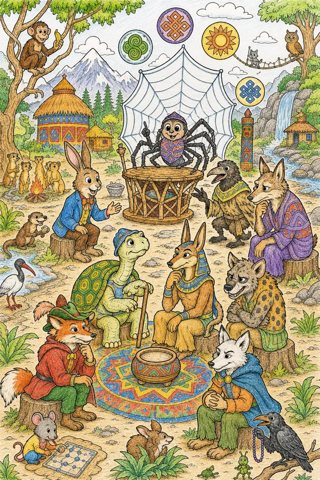 Ausmalbild: Riesiges Wimmelbild zeigt alle berühmten Trickster-Tiere der Welt bei einem Kongress mit Anansi als Vorsitzendem