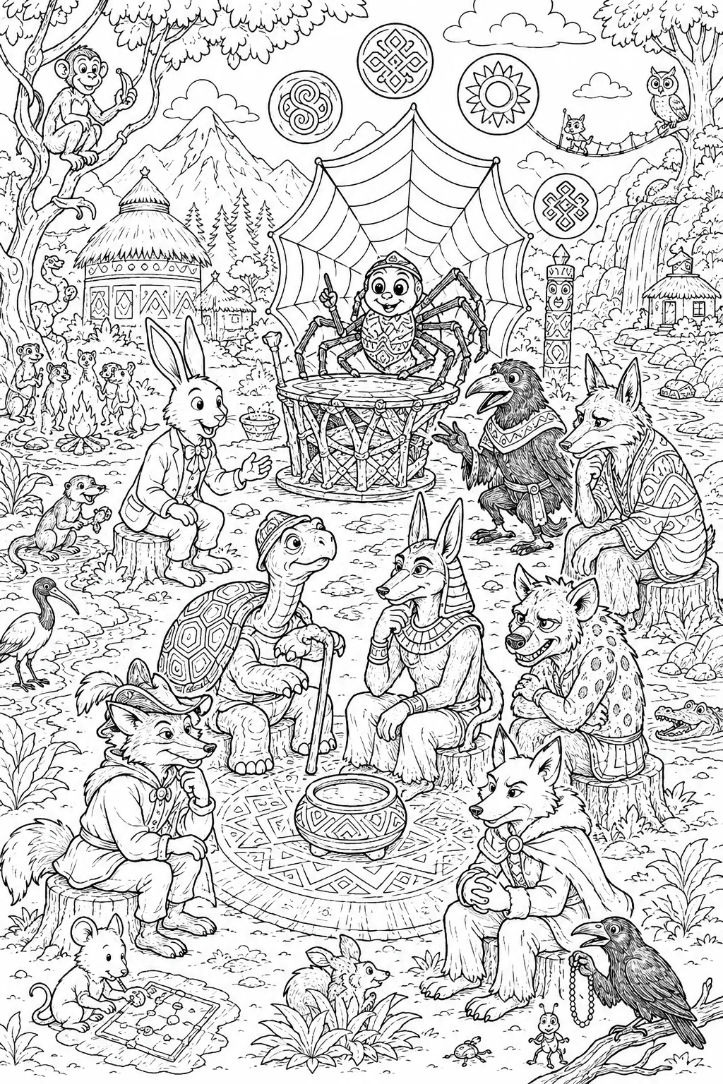 涂色页：巨大的寻找图展示所有著名的世界骗子动物在一次以阿南西为主席的大会上