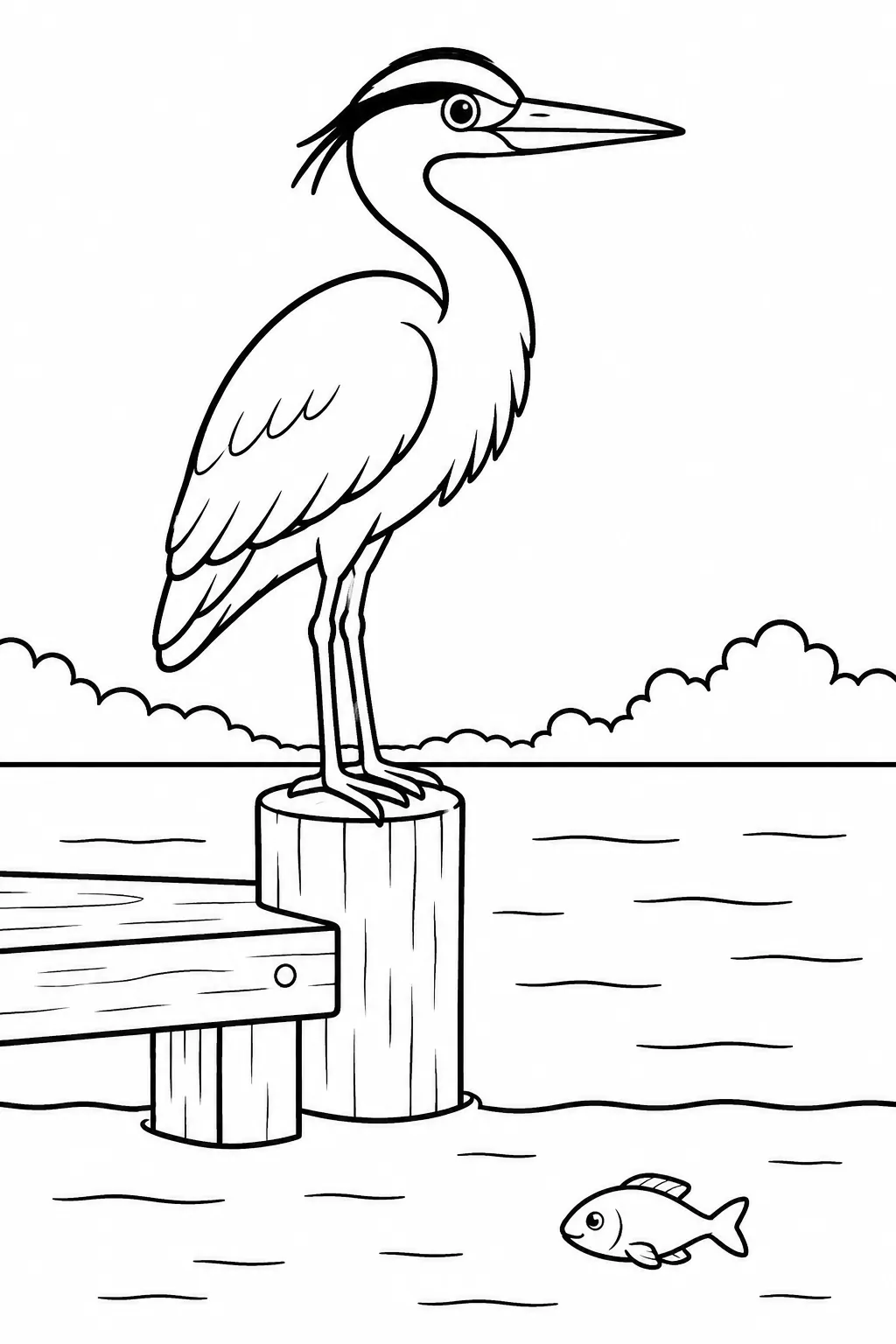 Ausmalbild: Graureiher steht geduldig auf Holzpfosten am Flusssteg