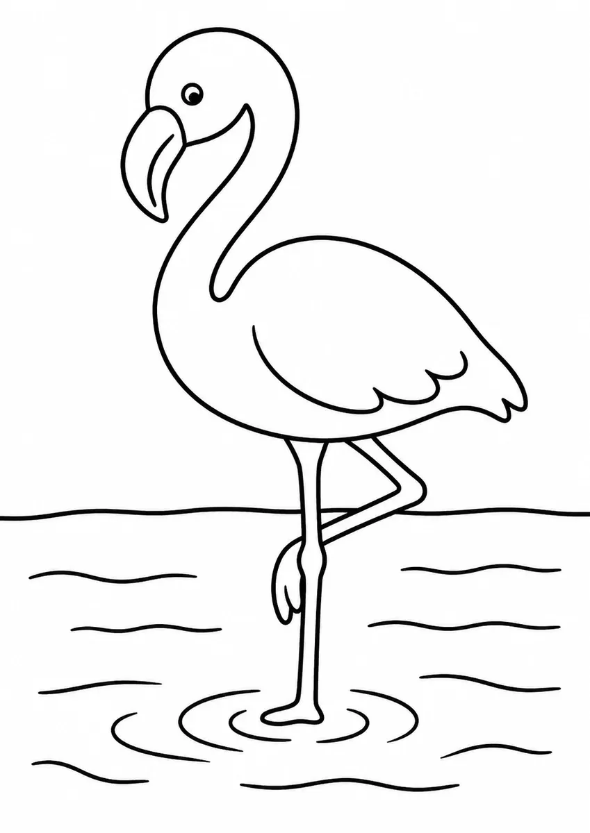 Ausmalbild: Flamingo steht elegant auf einem Bein im flachen rosafarbenen Wasser