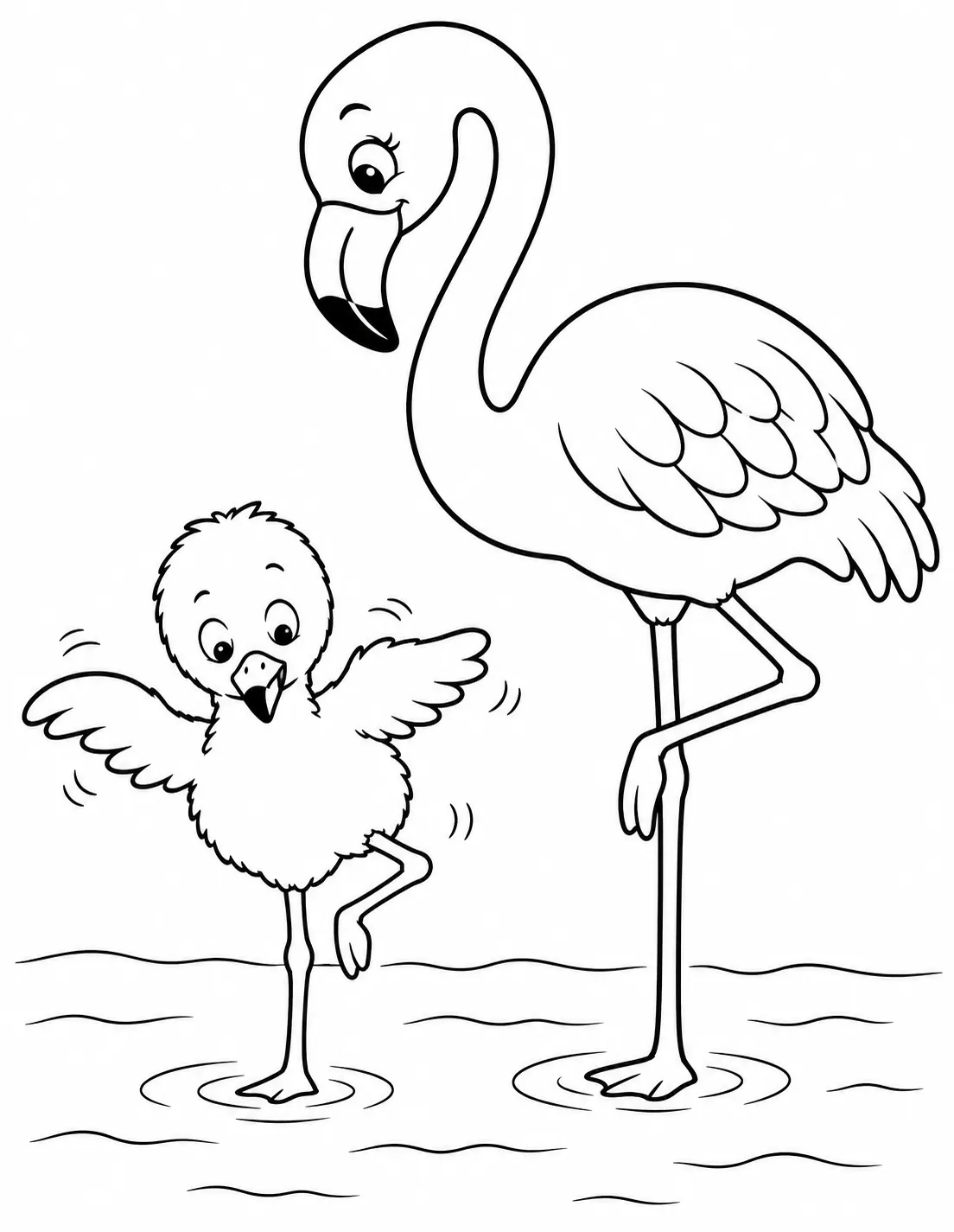 Ausmalbild: Kleines Flamingo-Küken wackelt beim Versuch auf einem Bein zu stehen