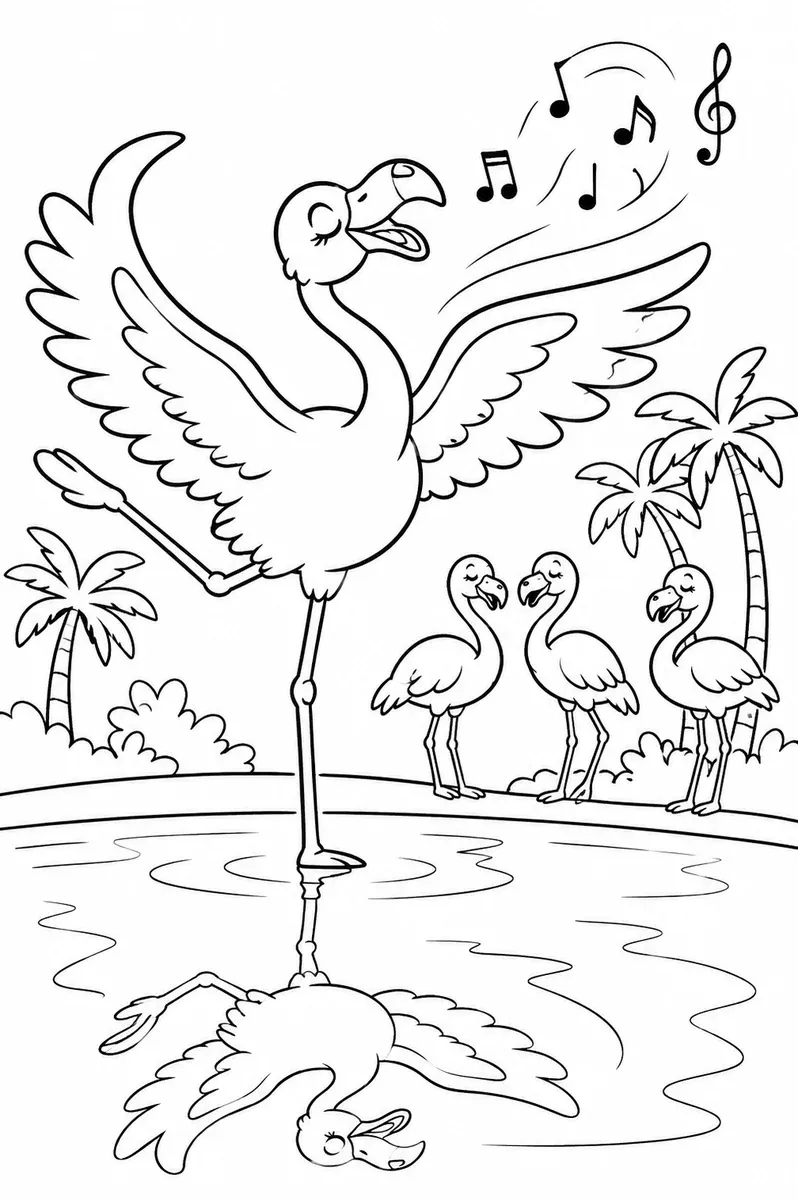 Ausmalbild: Pinker Flamingo mit ausgebreiteten Flügeln tanzt auf einem Bein an der Lagune